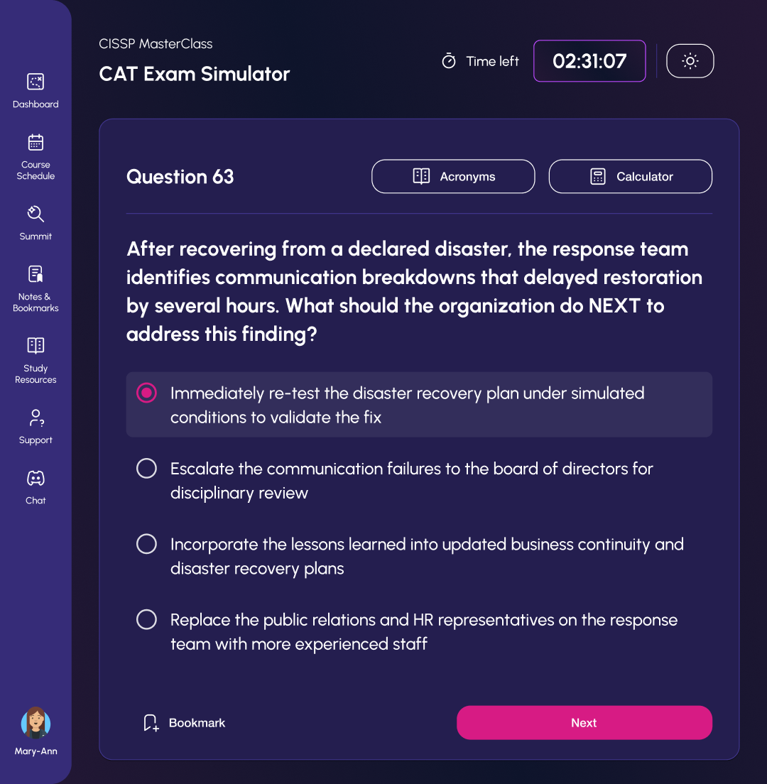 CAT Exam Simulator screen displaying Question 63 on post-disaster communication failure
