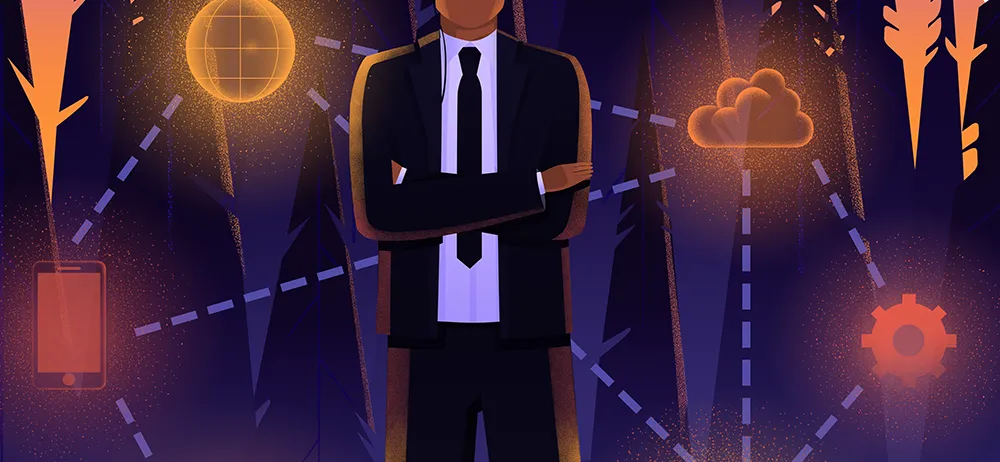 Image of a man in black suit used on cissp domain 4-communication and network security - Destination Certification
