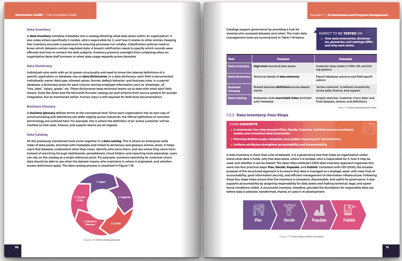 Textbook spread on AI data inventory, catalog, dictionary, and business glossary steps.