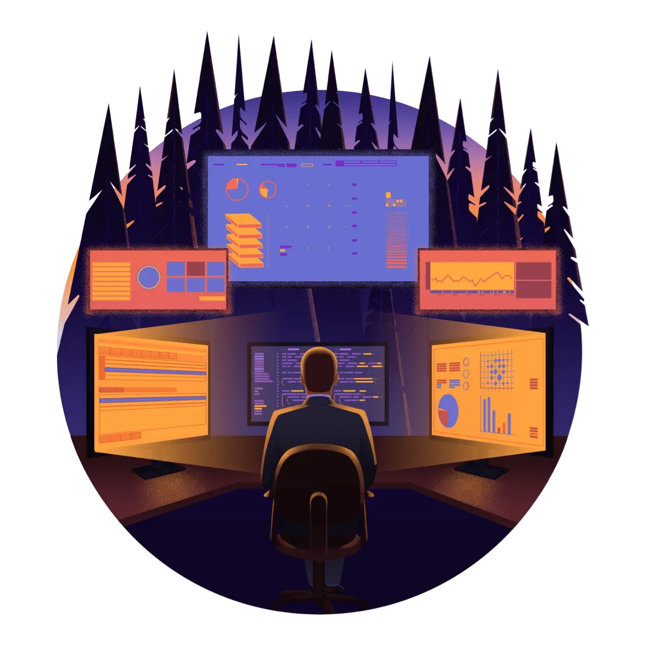 Image of a man looking at security operations on monitors - Destination Certification