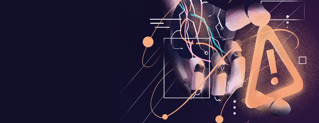 Abstract illustration of a robotic hand with exposed colorful wires holding a glowing orange warning triangle with an exclamation mark, set against a dark purple background with digital orbital lines.