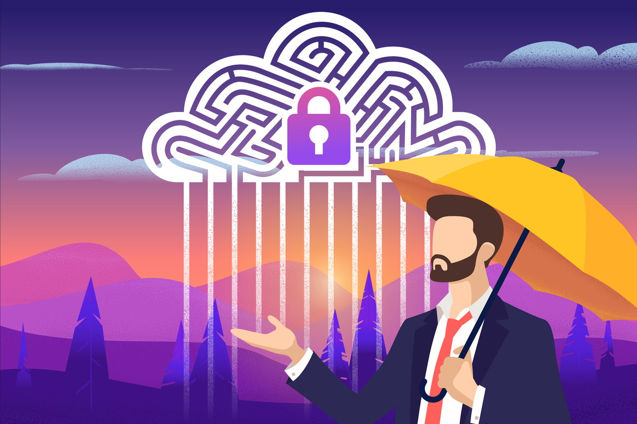 Image of a man with umbrella underneath a rainy cloud - Destination Certification
