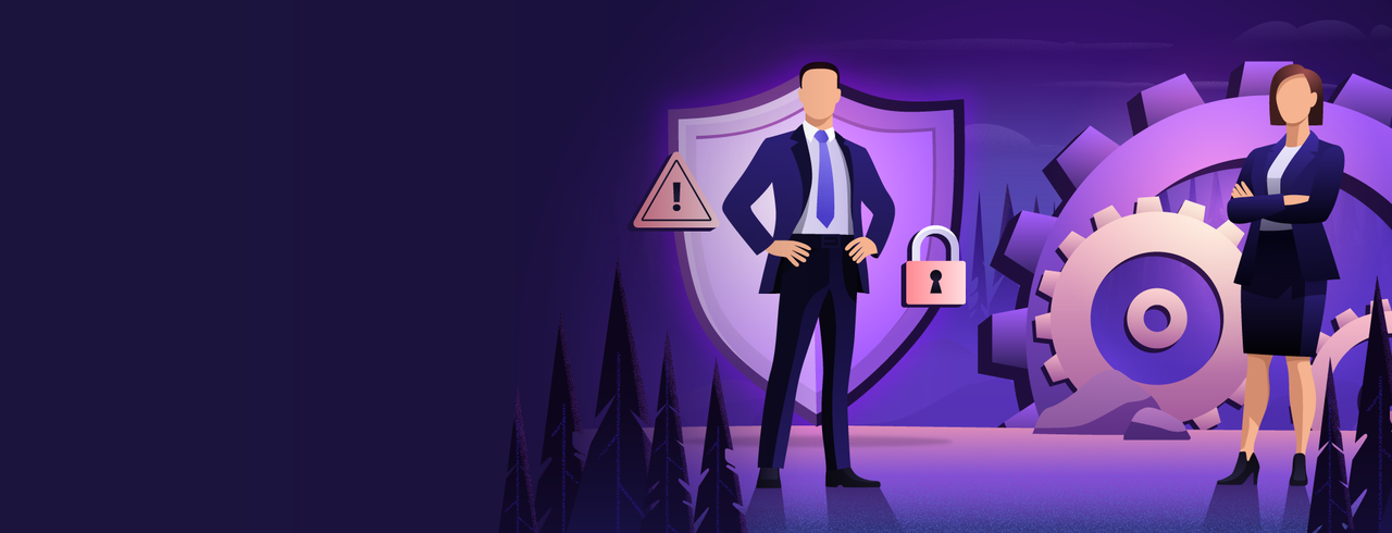 Illustration of a woman and man standing In front of a gear and a shield - Destination Certification