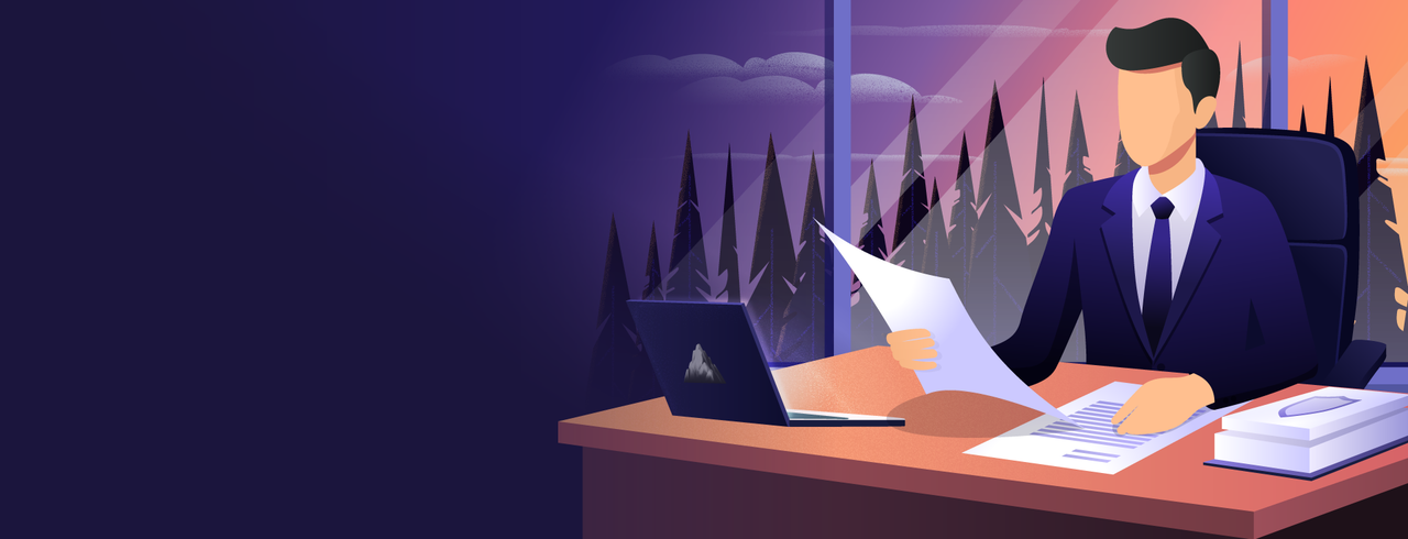 Illustration image of a man sitting on his desk and holding a paper - Destination Certification