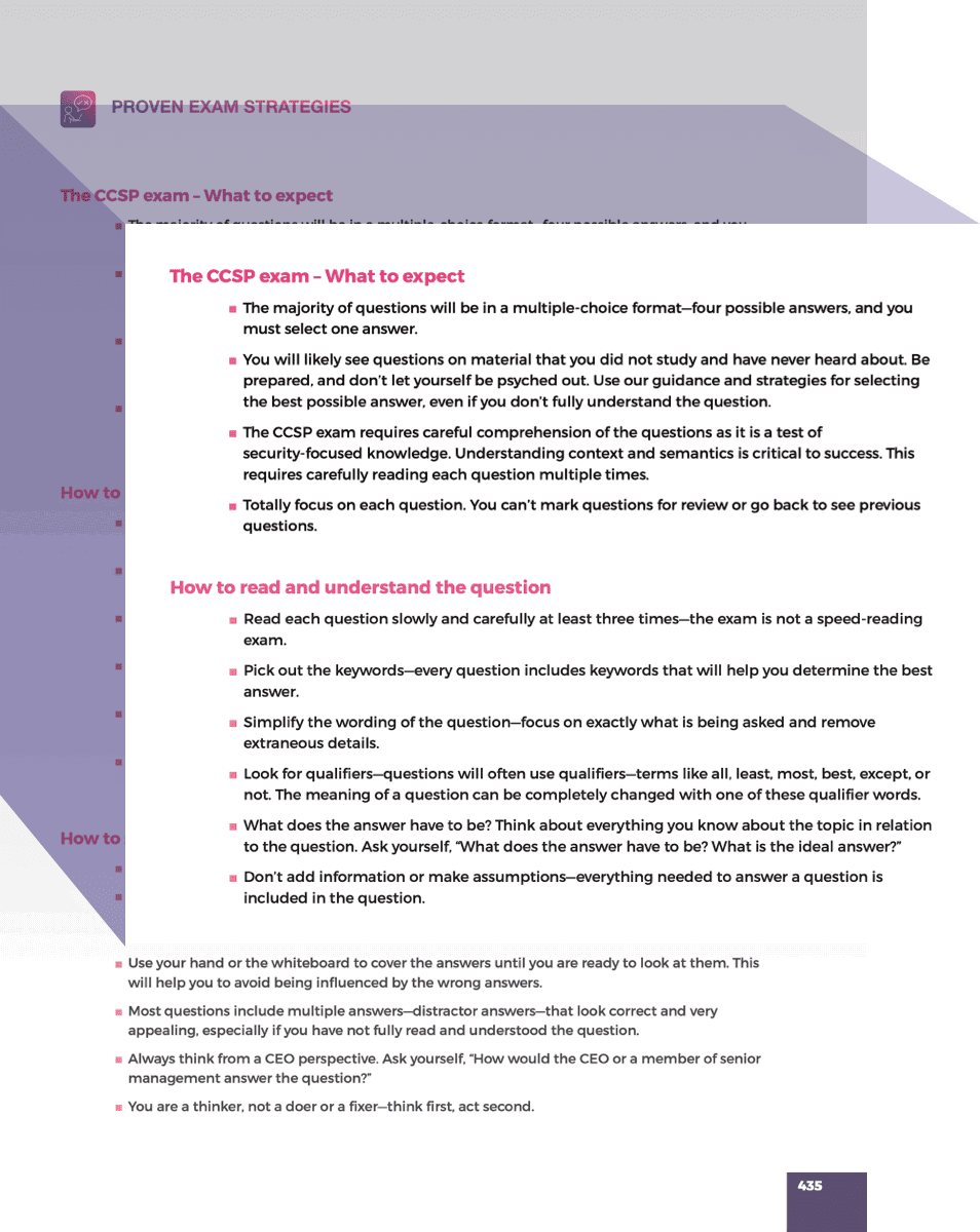 Image of a page from a CCSP Guidebook about exam tips and strategies - Destination Certification