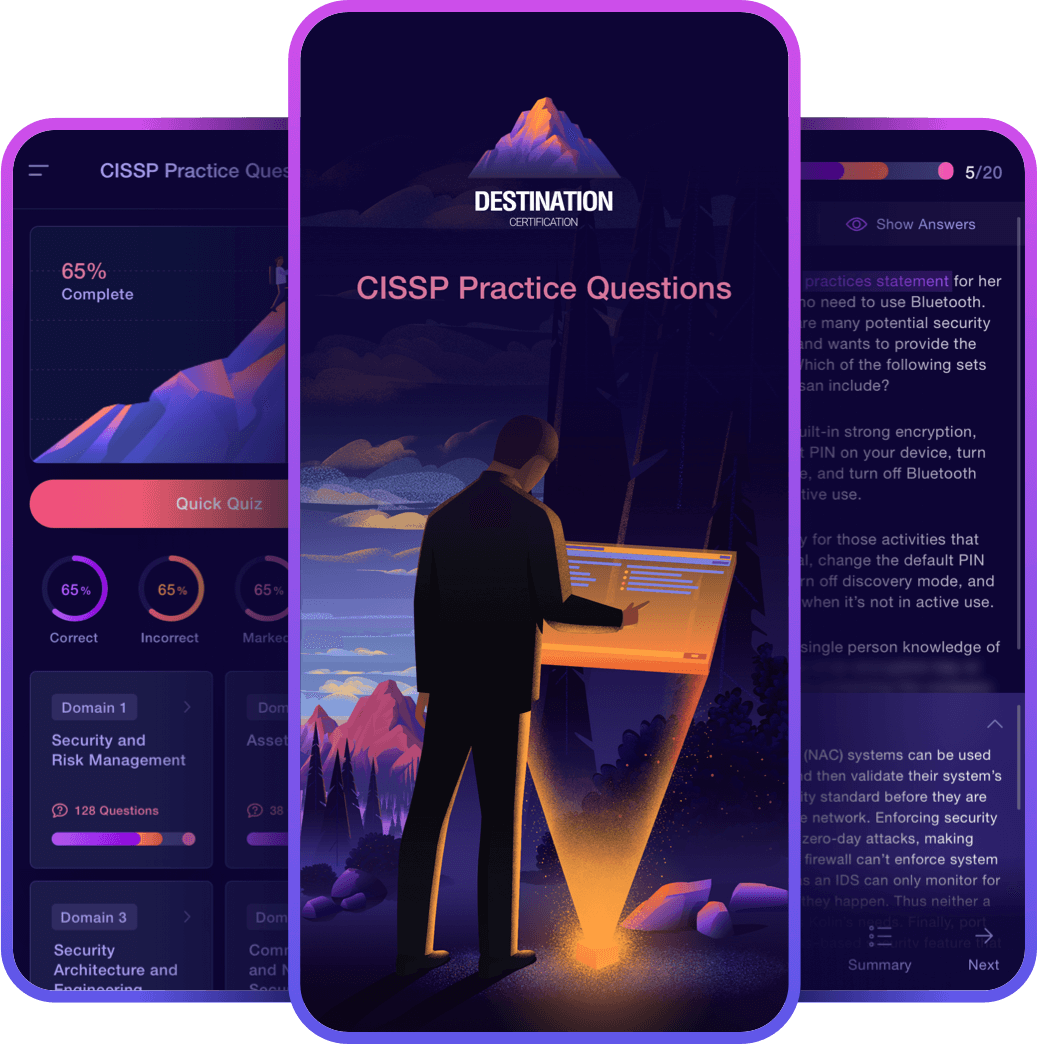 Image of a cissp practice questions app - Destination Certification