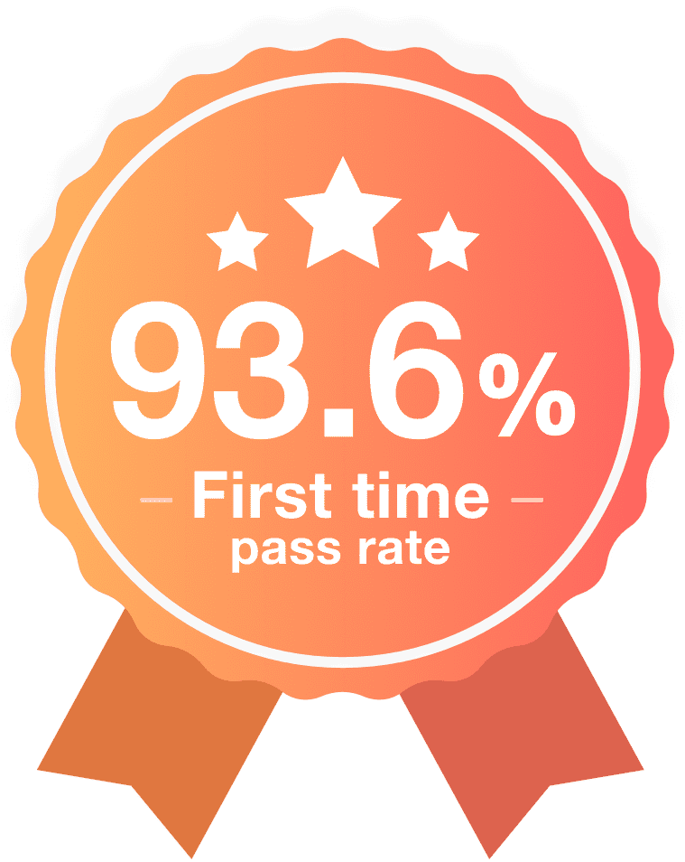 Image of a orange badge with first time pass rate - Destination Certification
