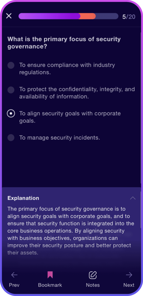 Image of practice question and explanation in the destcert app - Destination Certification