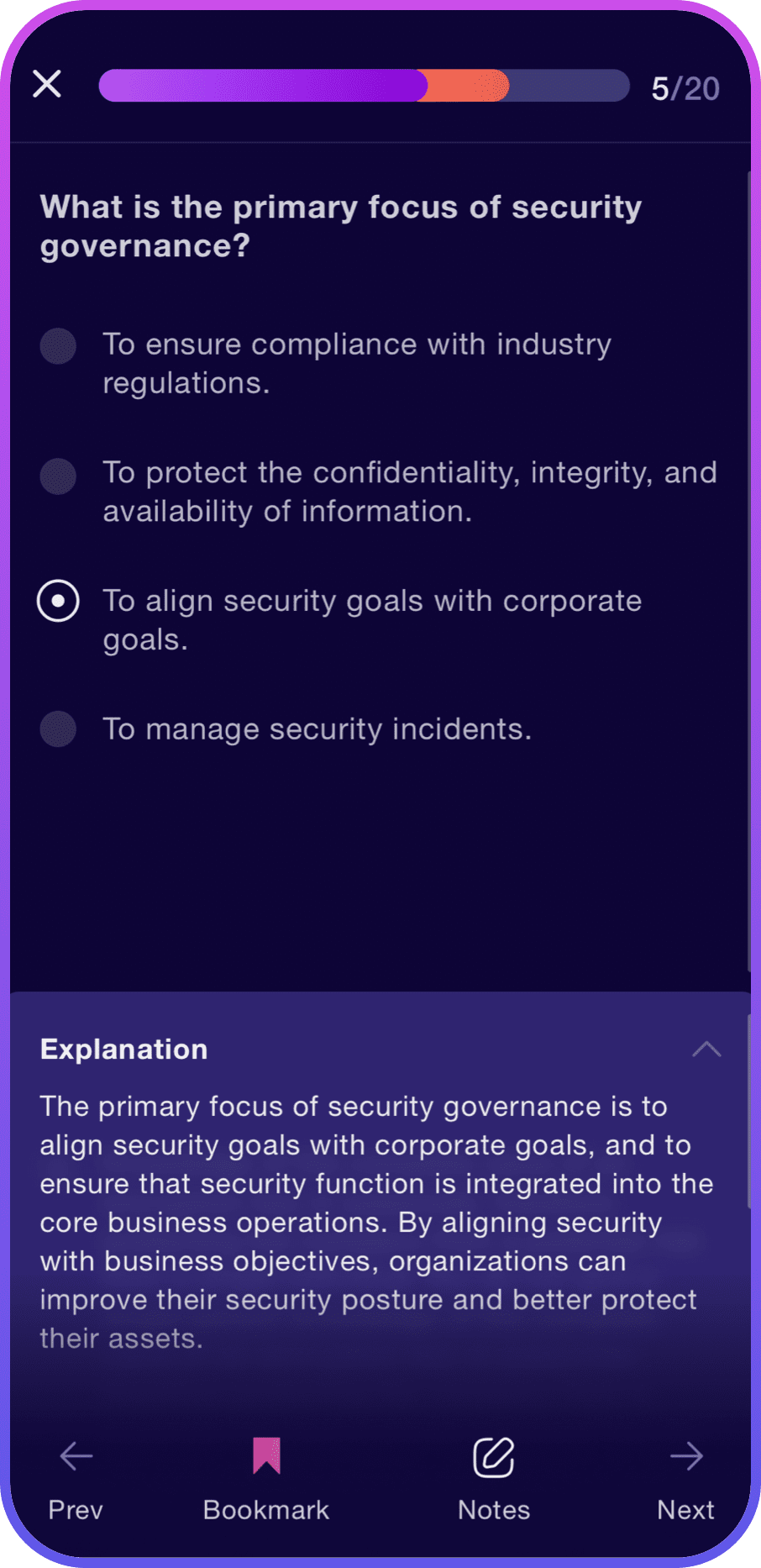 Image of practice question in the DestCert app - Destination Certification