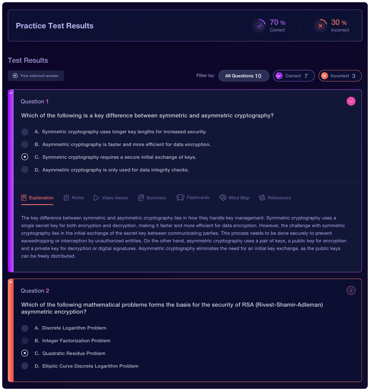 Image of practice question results on mini masterclass class 2 - Destination Certification