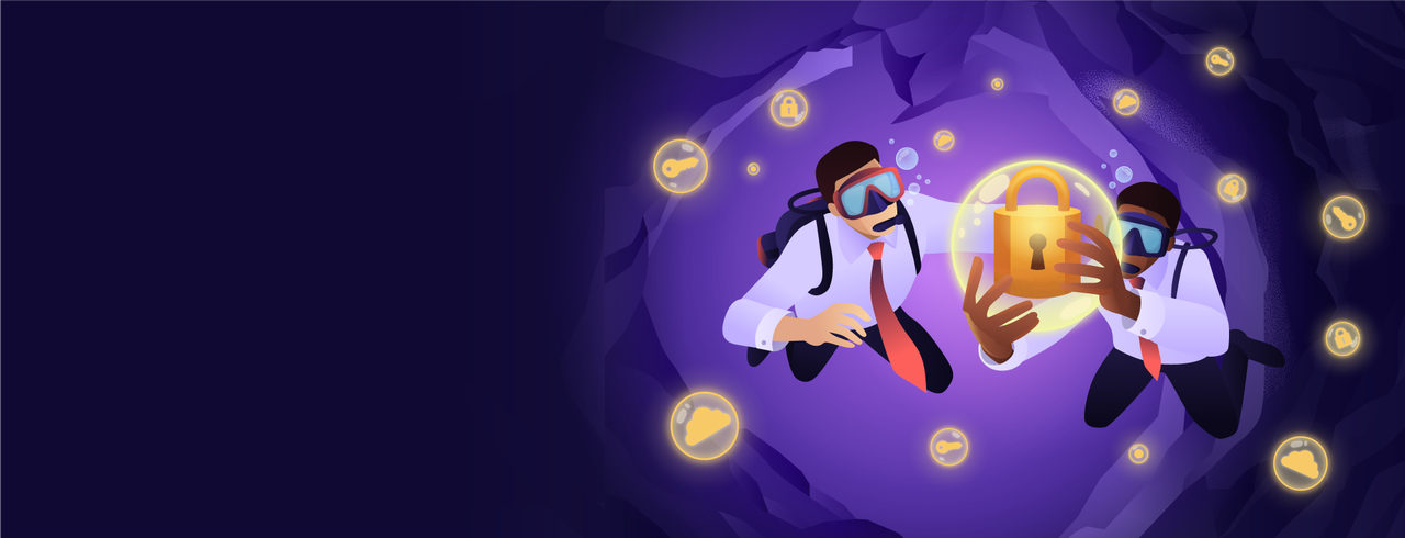 Illustration of men diving into security ocean - Destination certification