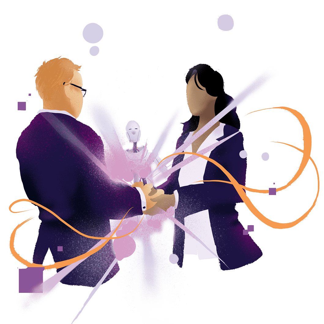 Two professionals shaking hands with an AI figure in the background, symbolizing a committed partnership to help you pass the AAISM exam - Destination Certification