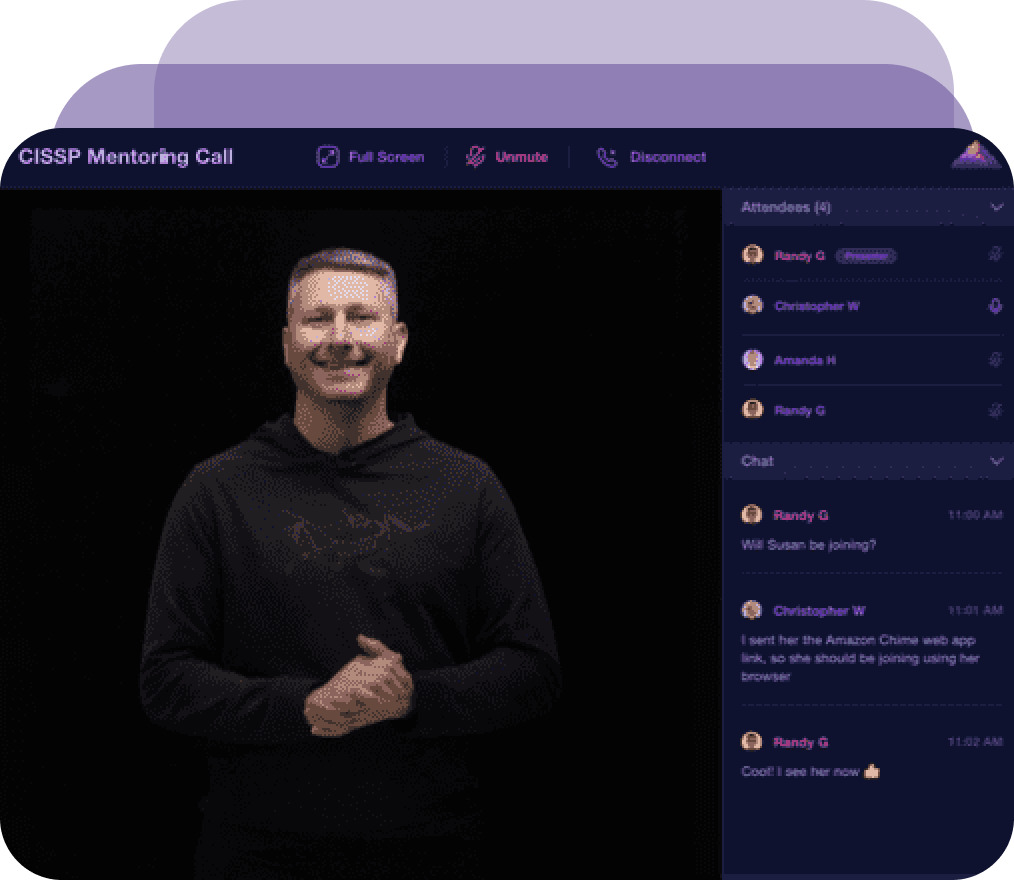 Video call interface showing a presenter on screen with an attendee list and side chat panel